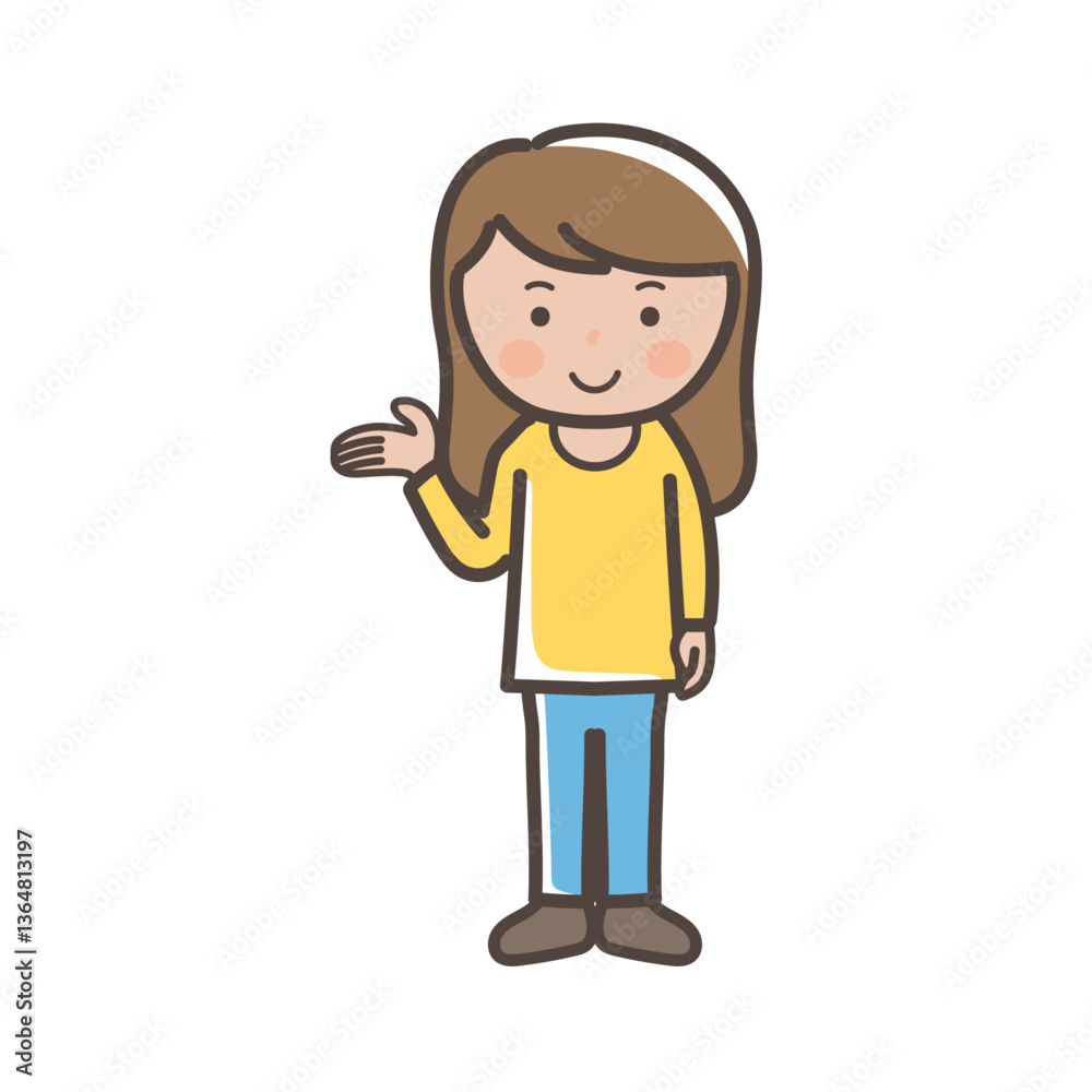 説明や案内をするイメージの若いパンツルックの女性の全身イラスト 説明や案内をするイメージの若いパンツルックの女性の全身イラスト