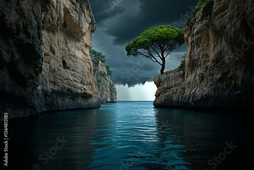 A gothic mystery cruise in Cassis, with a storm rolling in, dark clouds reflecting in the choppy waters