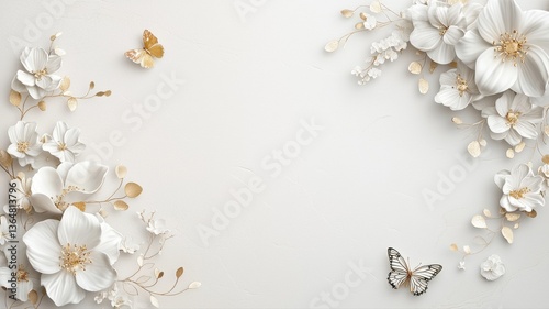 Elegant 3D floral arrangement with butterflies on a soft white background, perfect for decorative designs.