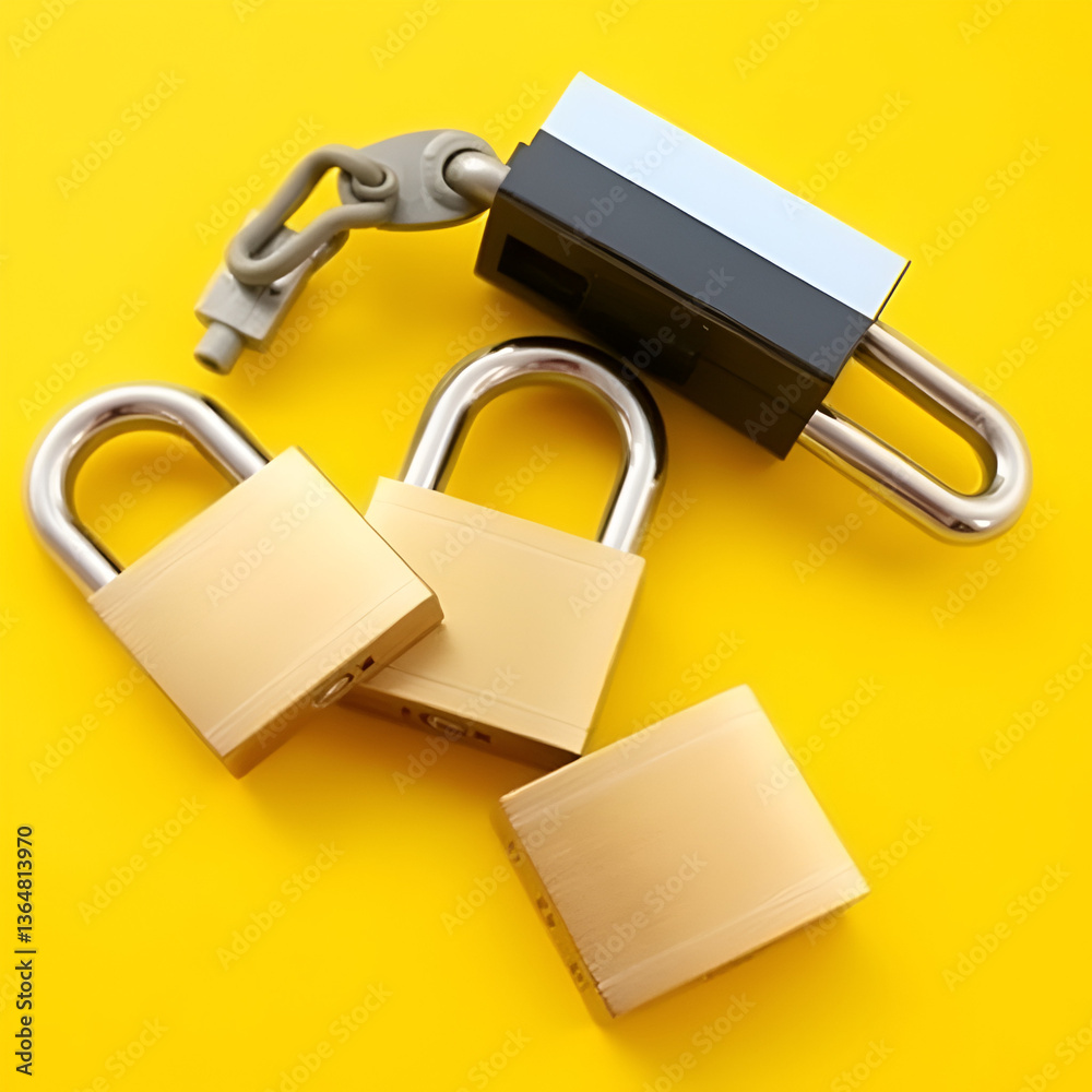 Three Padlocks on Yellow Background Security Privacy Protection Access Safety Three Padlocks on Yellow Background Security Privacy Protection Access Safety