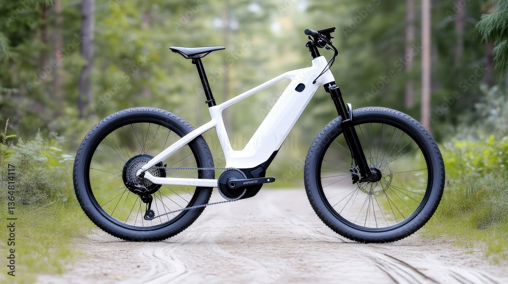 Fototapeta premium Modern white electric mountain bike on a gravel path