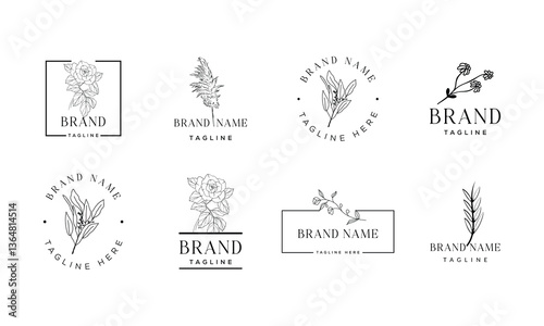 Minimal Botanical Floral element Hand Drawn Logo with Hand drawn wedding herb, homeplant with elegant leaves. Botanical rustic trendy greenery. Logo for spa and beauty salon, boutique, organic shop