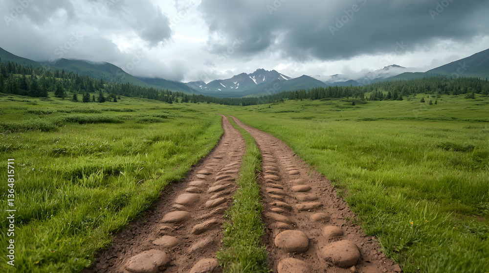 Dirt Road Leading Through Green Field Towards Mountains Under Cloudy Sky Dirt Road Leading Through Green Field Towards Mountains Under Cloudy Sky