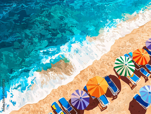 Illustration of a beach with beach umbrellas and sun loungers, with blue water in the sea