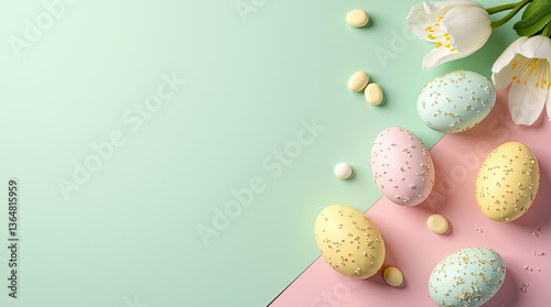 Delicate easter background, spring concept. Colorful pastel eggs, card, background for easter. easter eggs and delicate white flowers are laid out on a pastel background.
