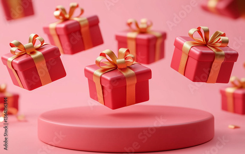 Red Gift Boxes with Gold Ribbons Floating Above a Matching Pink Pedestal.