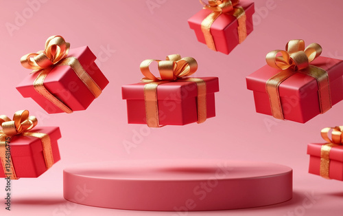Red Gift Boxes with Gold Ribbons Floating Above a Pink Display Podium