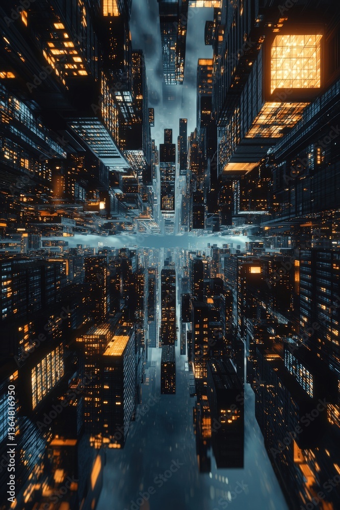 Fototapeta premium A cyberpunk city with illuminated floating home listings.