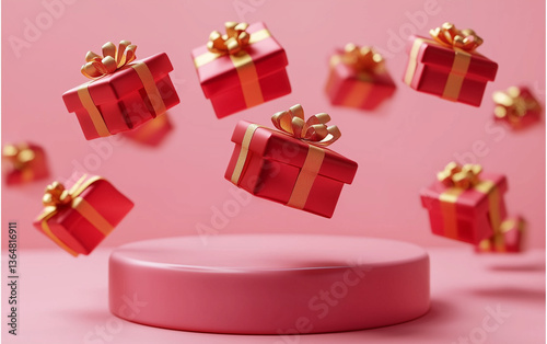 Red Gift Boxes with Gold Ribbons Floating Above a Pink Display Podium.