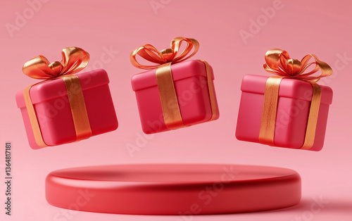 Three Red Gift Boxes with Gold Ribbons Floating Above a Red Podium on Pink Background