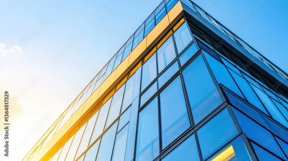 Obraz premium Modern city office tower exterior, clean lines and full-glass facade with skyline reflections, futuristic urban workspace concept