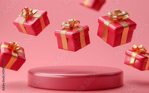 Red Gift Boxes with Gold Ribbons Floating Around a Matching Display Podium.