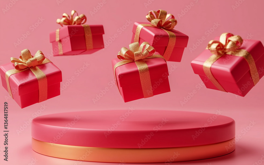 Obraz premium Pink Gift Boxes with Gold Ribbons Floating Above a Pink and Gold Platform