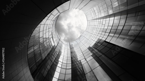 Skyscraper interior looking up at cloudy sky through circular opening