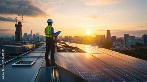 Fototapeta Naklejka Na Ścianę i Meble -  A renewable energy engineer designing solar power systems for urban environments, sustainable city rooftop with solar panels and battery storage units, Scientific style