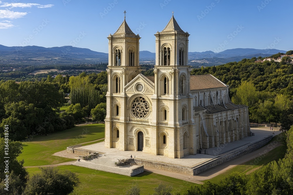 A majestic view of Arles Cathedral, its Gothic architecture standing tall against the bright ProvenÃ§al sky
