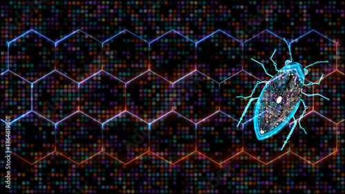 Futuristic digital bug Hexagon saber and animation abstract red orange yellow violet aqua blue spot light particles pattern waveform concept bug hack security information