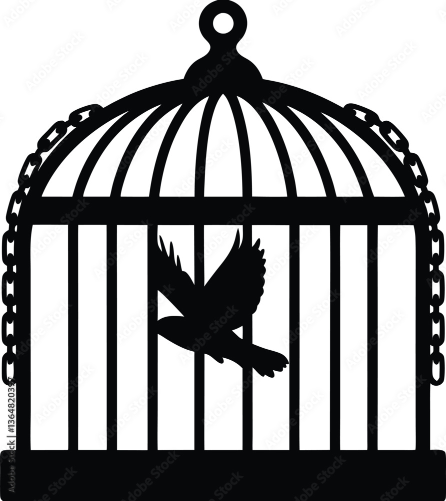 Fototapeta premium Bird in Cage Silhouette Vector - Freedom, Captivity, Escape, Symbolic Art