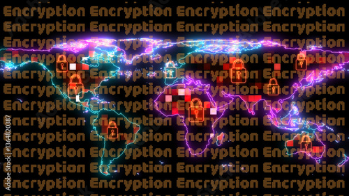 hundred digital light global map change color to orange and encryption texi all screen. concept hacker use ransomware to encryption data system or financial