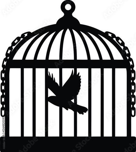 Bird in Cage Silhouette Vector - Freedom, Captivity, Escape, Symbolic Art