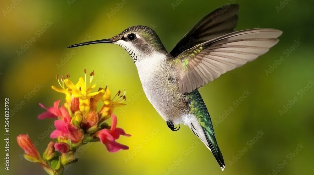 Fototapeta premium Hummingbird in flight, near colorful flowers