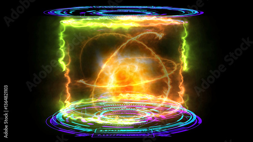 Nuclear Fusion reactor simulation electron orbit and explosive to release full power in digital magnetic field laboratory on the black isolated