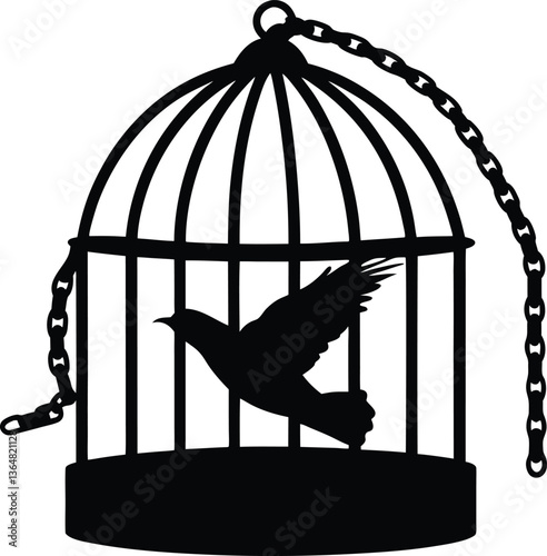 Bird in Cage Silhouette Vector - Freedom, Captivity, Escape, Symbolic Art