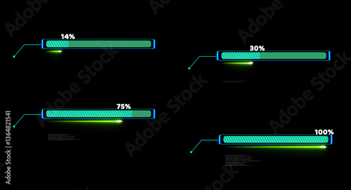 Progress bar animation with callout and laser loading bar inside light blue white fill tone with numeric and 14 to 100 percent text motion on the black screen