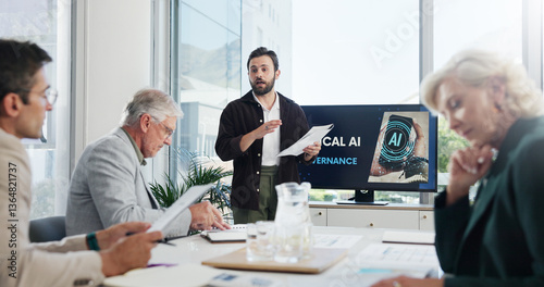 Presentation, paperwork and businessman in office with team for AI governance system. Discussion, professional and IT developer with investors for investment planning with corporate cybersecurity.