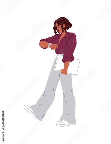 Business woman checks the clock, watches to not late. Businesswoman holds laptop and looks at wristwatch. Time management, punctuality, work organization. Flat isolated vector illustration on white