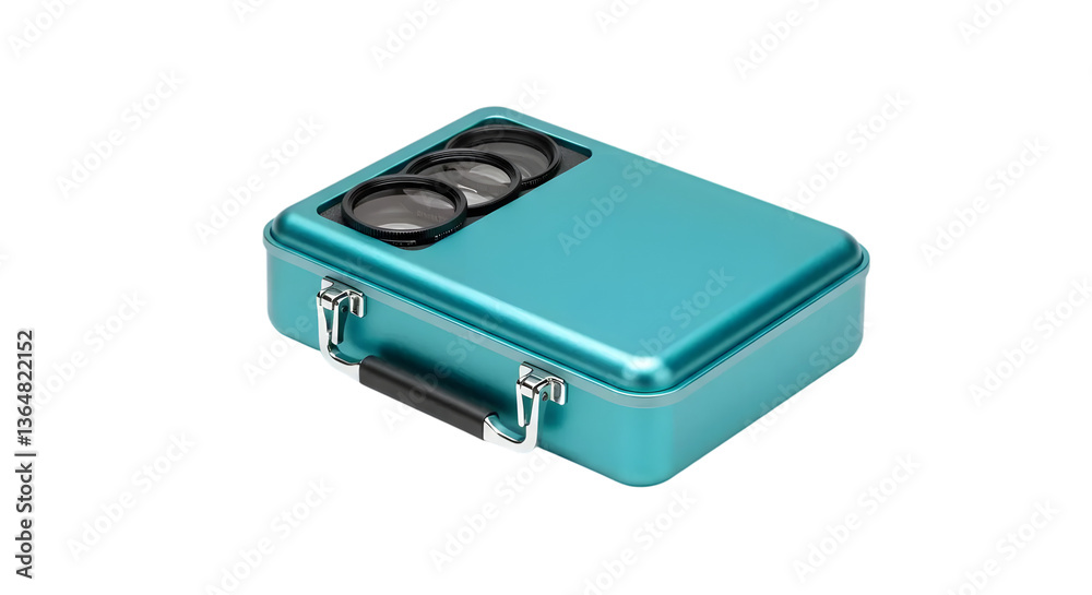 Modern teal metal case with two circular lenses on top, showcasing stylish design and practicality for storage and organization needs at home or office Modern teal metal case with two circular lenses on top, showcasing stylish design and practicality for storage and organization needs at home or office
