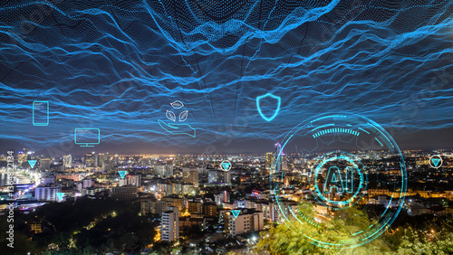 Smart city and tourism industry wide view with AI technology and security encryption icons In terms of speed in communication, sending information and the environment