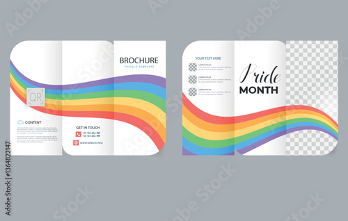 Trifold LGBT Brochure Template with Colorful Ribbon Wave Design. Flyer Mockup.
