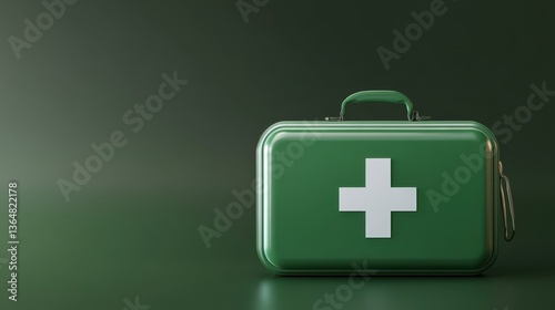 A green first aid kit sits on a plain green surface, showcasing its white cross symbol. This setup highlights the importance of readiness and safety in various situations