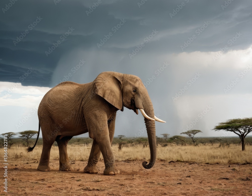 Obraz premium A large elephant is walking through a dusty road in the wild