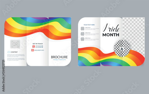 Trifold LGBT Brochure Template with Colorful Ribbon Wave Design. Flyer Mockup.