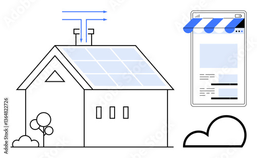 Solar-powered house with solar panels generating renewable energy, connected to an online interface. Ideal for renewable energy, sustainability, smart home, technology, eco-conscious management