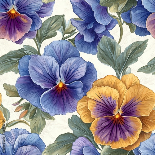 Wallpaper Mural Pansy flower plant flora bloom botany seamless pattern ornament design, tile Torontodigital.ca