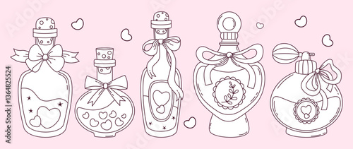 Outline Vintage Coquette Magic Bottles and Perfume with Ribbon Bow set. Romantic Girly Vibe. Vector illustration. Isolated Trendy Aesthetic beauty accessories and cosmetic. Line drawing, coloring book