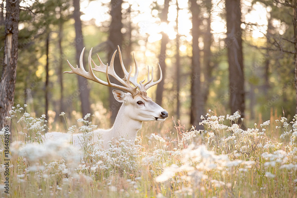 Fototapeta premium Majestic white-tailed deer gracefully standing among wildflowers in a sunlit forest setting