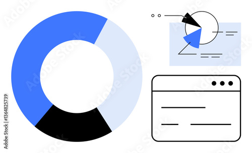 Pie chart, bar diagram, and analytics dashboard interface. Ideal for analysis, strategy, reporting, business insight, statistics marketing presentation. Flat simple metaphor