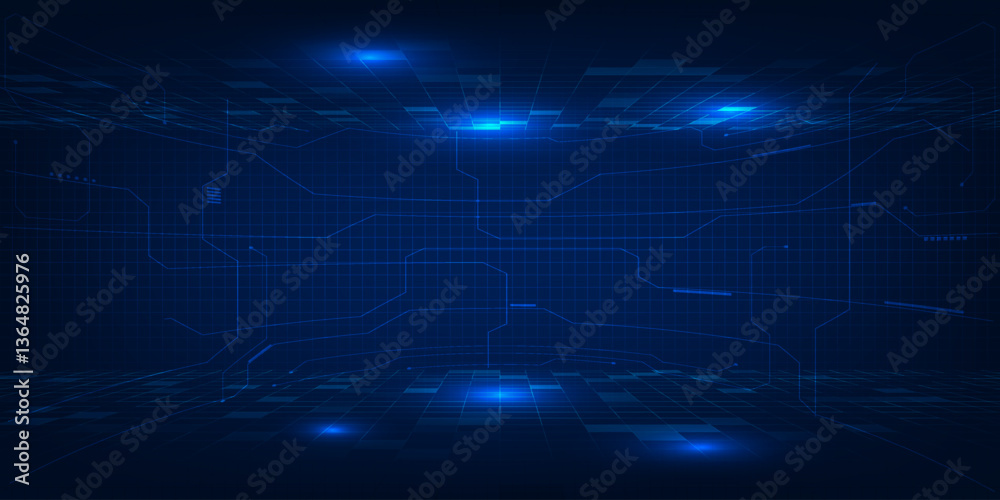 Vector illustrations of abstract blue digital hi tech technology background with digital element circuit pattern.
