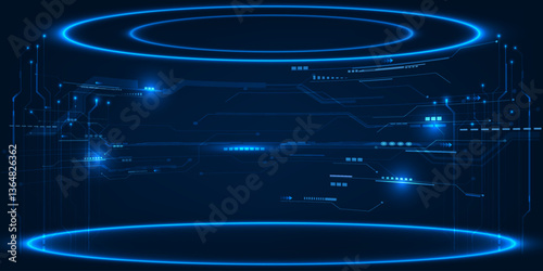 Vector illustrations of Futuristic digital technology hi tech stage for showcase with neon blue pedestal circle platform and laser ring and hexagonal pattern for digital advertising and game artwork.