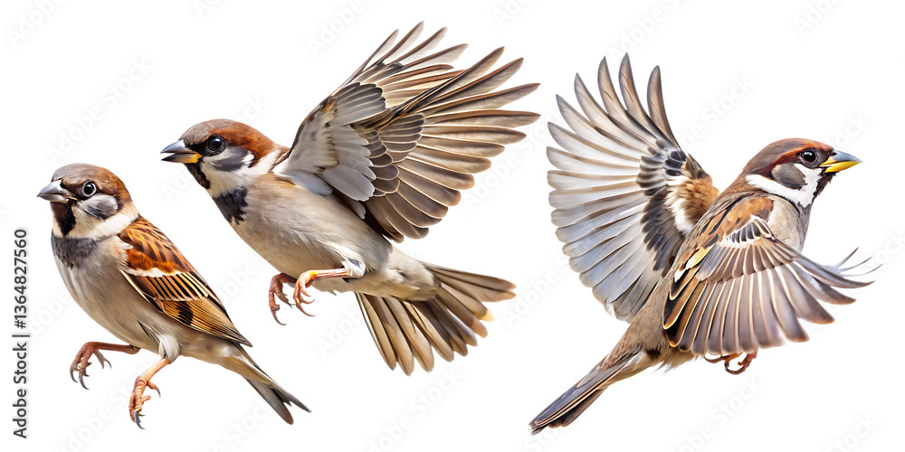Fototapeta premium House Sparrows in Flight – Isolated on White Background, Transparent PNG, AI-Generated