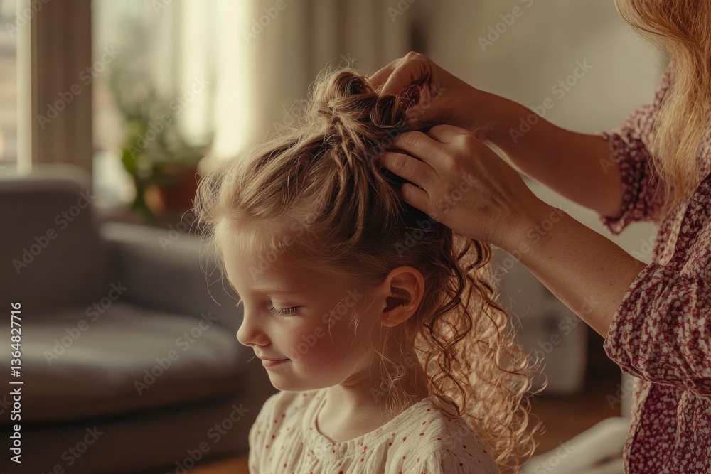 Fototapeta premium A woman is styling a young girl's hair. The girl is smiling and he is enjoying the process. The woman is wearing a pink shirt and is sitting on a couch