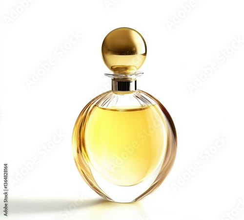 A beautifully crafted glass perfume bottle featuring a golden cap sits elegantly against a white background, showcasing its yellow fragrance inside. The design highlights luxury and refinement