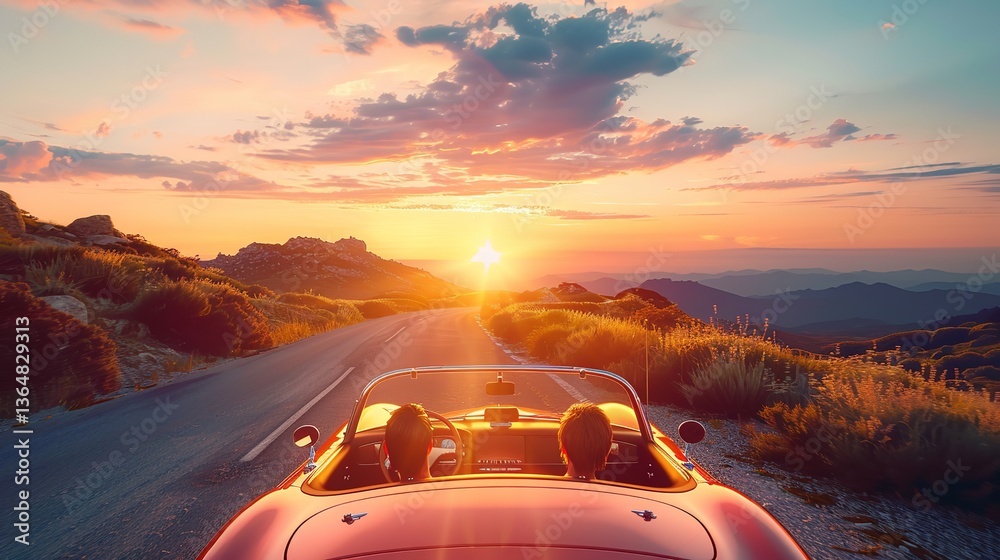 custom made wallpaper toronto digitalroad trip with an old vintage retro car, classic car, summer trip, travel concept, couple of men and woman watching sunset by the ocean in an old car