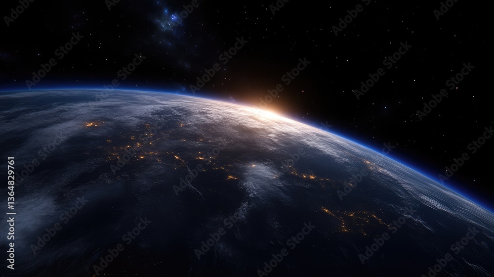 Obraz premium Earth from Space at Sunrise. Vast expanse of space, with planet Earth in the foreground. City lights are visible across the continents. 