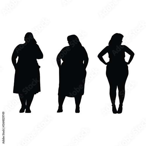 Obese middle age women black color silhouette on isolated white background