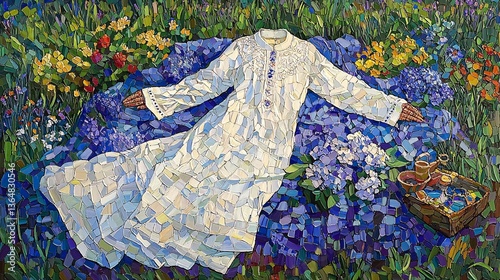 Woman in White Dress Resting on Colorful Flower Field